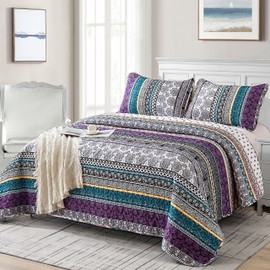 WONGS BEDDING Boho Quilt Set Queen Size, Purple Bohemian 3 Pieces Quilt Sets, Lightweight Summer Bedspread Coverlet Bedding Set for All Season (96"x90")