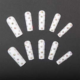 IMRAIN Square Press on Nails Long White Fake Nails with Rhinestone Designs Full Cover Glossy Glue Stick on Nails Acrylic Artificial Gel Squoval Shape Nails Kit 24Pcs