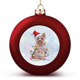DOREENABE Yorkie Terrier Santa Ball Ornament, 2023 Dog Ornament,Dog Wearing Christmas Hat with String Lights Ball Ornaments Hanging Keepsake for Xmas Christmas Tree Decorations