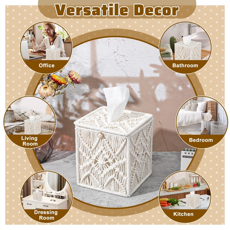 Macrame Tissue Box Cover Boho Decor - 6.7" Ivory Square