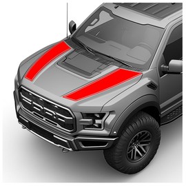 BENINI DESIGN STUDIO Hood Blackout Racing Stripes Vinyl Decal Sticker Kit- Compatible with Ford F150 Raptor 2014-2020 (Style 2, Red)