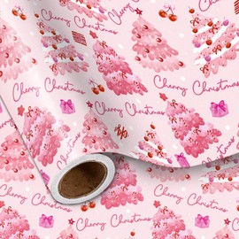 LeZakaa Cherry Christmas Wrapping Paper Roll, Pink Christmas Tree, Festive Design, for Winter Wonderland, Girls' Night, for Girls, Women, Teenagers, Mini Roll 17 in x 16.4 Ft