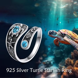 POPLYKE Meeresschildkröte Ringe 925 Sterling Silber Löffel Ringe Ozean Ring Damen Meeresschildkröte Schmuck Türkis Ringe Adjustbale 6-8#