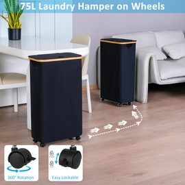 efluky Slim Laundry Basket with Wheels, Narrow Rolling Laundry Hamper with Lid and Removable Bag, Aesthetic Dirty Clothes Hamper on Wheels for Laundry Room, Bedroom, Dorm and Bathroom, 75L Dark Black