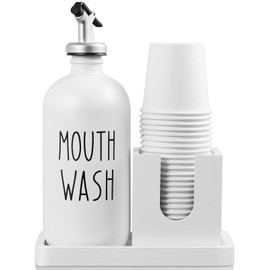 Mouthwash Dispenser for Bathroom, 16 OZ Glass Mouthwash Dispenser with Pour Spout and Wood Cup Holder and Tray, Mouth Wash Bottle Container, Farmhouse Kitchen Bathroom Decor and Accessories, White