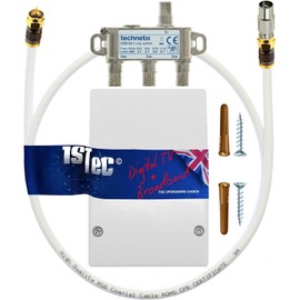 1STec Virgin Media 3 Way Technetix Passive Wideband Signal Splitter + Housing + Screws + 2m Screw-on Connector Coaxial Lead for TiVo Set Top Box or Superhub Modem Internet Router 5-1218MHZ CSX-03