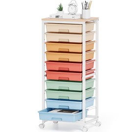 SYKIARIOL Rolling Cart with Drawers,10 Drawer Rolling Cart,Storage Cart with Wheels,Utility Cart with Drawers,Teacher Cart for Classroom Storage,Craft Cart with Wheels and Wooden Tabletop,Rainbow