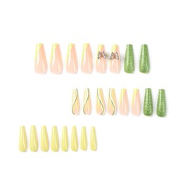 Glossy Nude Long Press on Nails Faint Yellow French Coffin Fake Nails False Nails with Butterfly Rhinestones Designs Fake Nails Set for Women Girls Daily Wear in 24PCS