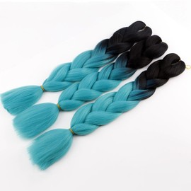 3packs/lot 24inch Synthetic Braiding Hair Ombre African Crochet Braids Hair Extensions Soft Yaki Jumbo Hair Braid (Black and Cyan)