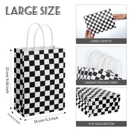JasperKino 16 Pcs Checkered Racing Treat Bags Race Car Party Favors Bag with Handles Black and White Checkered Racing Flag Candy Bags Goodie Bags for Race Car Themed Birthday Party Supplies
