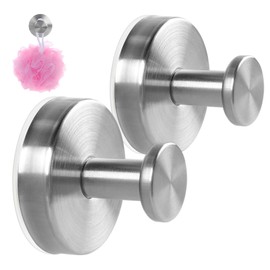2 Pack Suction Cup Hooks for Shower, Exquisite Metal Shell & No Drill suction hooks for shower wall for Bathroom Wall, Kitchen, Glass, Mirror, Tile to Hang Towels, Robes, Loofah - Wire-Drawing Silver