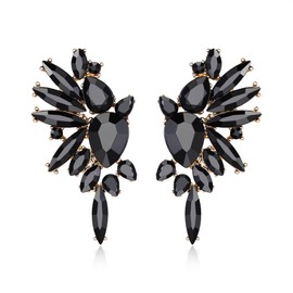 EVER FAITH Austrian Crystal Fashion Statement Earrings, Art Deco Marquise Drop Cluster Bridal Party Colorful Dangle Earrings for Woman (Black Gold-Tone)