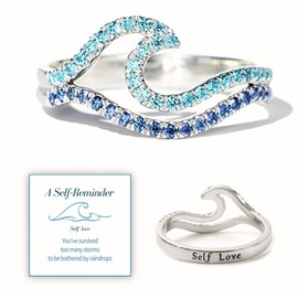 HOLINSE Blue Wave Inspirational Self Love Reminder Ring, You've Survived Too Many Storms, High And Low Ring, Gift for Women (10)