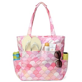 Kasgo Beach Bag, Water Resistant Sandproof Large Zipper Beach Tote Foldable Women's Summer Swim Bag Shoulder Pool Bags for Travel, Shopping, Picnic, Gym, Camping, Pink Scales