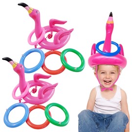 EDLMKM 2 Sets Inflatable Flamingo Hat with Rings, Flamingo Inflatable Ring Toss Games, FFlamingo Pool Party Decorations, SummerParty Games, Luau Summer Pool Party Decor Swimming Game, 8 Rings Toss