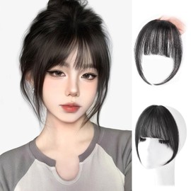 Sheepyo Bangs Wig, 100% Human Hair Wig, Bangs, Extensions, No Barre, Thin Bangs Wig, Partial Wig, Hair Loss, Point Wig, Natural, Easy to Wear, Women's (Natural Black, 6G Seam Parts)