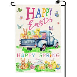 Happy Easter Spring Garden Flag 12x18 Inch Vertical Double Sided Welcome Bunny Chick Truck Small Flags Farmhouse Outside Decoration For Yard (ONLY FLAG) FH21