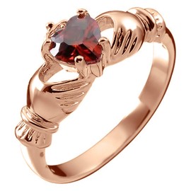 GWG Jewellery 18K Rose Gold Coated Claddagh Love Ring with Ruby Red Heart Stone, Hands, and Crown – 9 in Gift Box for Women