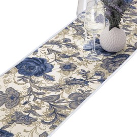 mookaitedecor Cotton Table Runner, Blue Flower Table Runners for Dinner Parties, Weddings, Decor & Everyday Use, 12 x 52 Inch