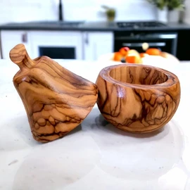 Olive Wood Handcrafted Wooden Sugar Spice Bowl W/Lid | Unique Kitchen Decor Gift Housewarming (Pear)