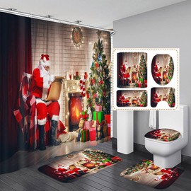 flowerlove 4 Pcs Christmas Shower Curtain Sets with Rugs for Bathroom,Santa Claus Bathroom Sets with Waterproof Farbic Shower Curtains,Merry Christmas Bathroom Shower Curtain Sets