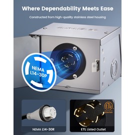 SURAIELEC 30 Amp Generator Power Inlet Box, NEMA L14-30P Generator Box for 4-Prong Cord, Stainless Steel Housing, 125/250V, 7500W Weatherproof Outdoor Outlet Receptacle