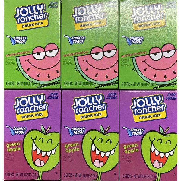 Lot of 6 (6-ct.) Boxes Mixed Variety JOLLY RANCHER ~ 3 Green Apple & 3 Watermelon. ~Singles to Go! Sugar Free Drink Mix.