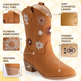 RLW Girls Cowboy Boots with Floral Embroidered, Western Cowgirl Boots for Toddler/Little/Big Kids, White 7 Big Kid