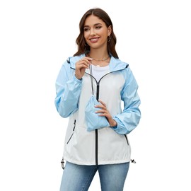 PITINAN Light Rain Jacket Women Waterproof for Travel Womens Rain Coat Hooded Packable Rains Jacket Outdoor Trench Coat Light Blue L