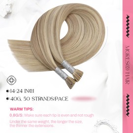 Moresoo Itip Hair Extensions Human Hair Highlight Golden Blonde with Ash Blonde I Tips Hair Extensions Human Hair for Wedding Soft Straight 0.8G/S 50S 18Inch