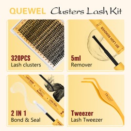 QUEWEL Cluster Lashes Kit, 320pcs 3D Lash Cluster Kit with 40D Individual Lashes, Lash Bond and Seal Waterproof, Glue Remover, Applicator Easy to DIY Eyelash Extensions at Home(RR-40D Kit)
