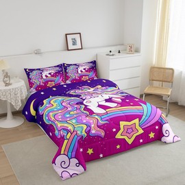 Feelyou Galaxy Unicorn Comforter Twin Size Unicorn Glitter Bedding Set for Girls Star Rainbow Comforter Set Cute Unicorn Quilt Set 2Pcs