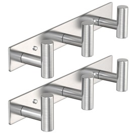 PMMASTO Coat Rack Wall Mount with 3 Coat Hooks, T Shaped Wall Hooks for Hanging Hat Towel Robes, Heavy Duty Stainless Steel Coat Hanger in Bathroom Kitchen Entryway (Silver, 2Pack)