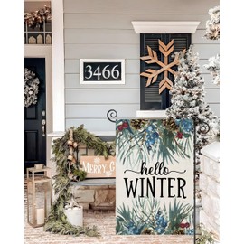 EKOREST Hello Winter Garden Flags 12x18 Inch Vertical Double Sided, Pine Twigs Small Yard Outside Decorations, Christmas Xmas Seasonal Farmhouse Holiday Outdoor Décor
