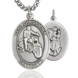 Heartland Store Men's Pewter Oval Saint Christopher Motorcycle Medal + 24 inch Rhodium Plate Endless Chain| USA Made