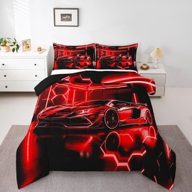 Feelyou Speed Sports Car Comforter Set Full Size Kids Race Car Honeycomb Bedding Set for Boys Girls Teens Racing Car Comforter Breathable Extreme Sports Duvet Set Red Black Quilt Set