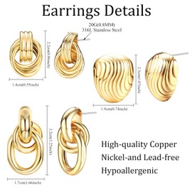 FIBO STEEL 18K Gold Plated Gold Earrings for Women Chunky Gold Statement Earrings Twisted Link Knot Bow Hear Geometric Drop Dangle Earrings Set Trendy Jewelry Gift 3 Pairs Knot
