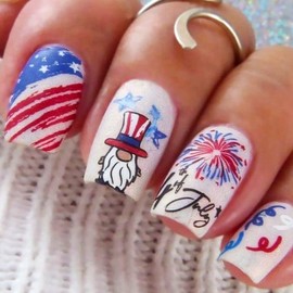 24Pcs 4th of July Press on Nails Shorty Square Independence Day Fake Nails with Red Blue Fireworks Design American Flag Glue on False Nail Red Blue Fireworks Artificial Stick on Nail for Women