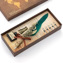 Quill Pen Sealing Wax Stamp Set Retro European Style Stainless Steel Nib Quill Pen and Ink Set Blackish Green