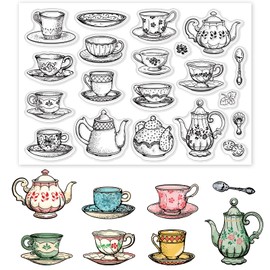 GLOBLELAND Tea Coffee Cups Clear Stamps Afternoon Tea Theme Embossing Stamp Sheets Teapot Silicone Seal Rubber for DIY Scrapbooking and Card Making Paper Craft Decor (DIY-WH0167-57-0434-US19)