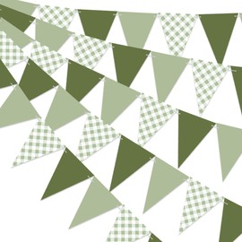 3Pcs Sage Green Gingham Pennant Banner Pre-Strung Triangle Flag Garland