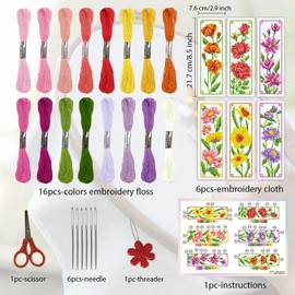 ORIGACH 6 Set Floral Cross Stitch Bookmark Kit for Beginners with Underlay Felt Instructions DIY Stamped Embroidery