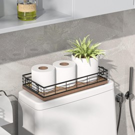 JNFUZ Acacia Toilet Paper Basket, 13 Inch Tank Tray Top of Toiletries Storage Organizer for Bathroom, Living Room and Kitchen (Acacia & Black)