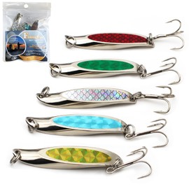FishingPepo 5pcs Fishing Spoons Lure, Casting Trolling Spoon Treble Hooks Metal Fishing Lure Baits 1/2oz Great for Fishing Perch, Crappie, Trout, Bass, Pike, Musky, Walleye, Salmon, Striper and More
