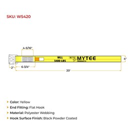 Mytee Products Winch Straps 4" x 20' Yellow Heavy Duty Tie Down w/Flat Hooks WLL# 5400 lbs | 4 Inch Cargo Control for Flatbed Truck Utility Trailer