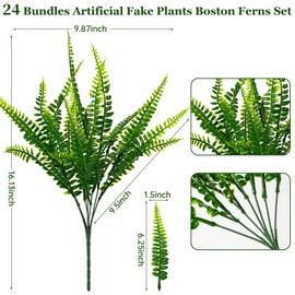 Nigirior 24 Bundles Artificial Fake Plants for Outdoor Faux Boston Fern for Home Decor UV Resistant Fake Plants Greenery for Front Porch Planter Indoor or Outdoor (Green)