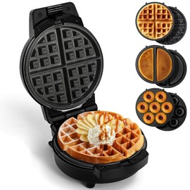Mini Waffles Maker with 6 Removable Plates, 3 in 1 Small Waffle Maker Mini- Waffle, Pancake, Donut, 6" Non Stick Waffle Iron for Kids and Families, Black