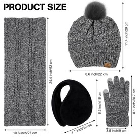 URATOT Winter Warm Sets Knitted Scarf Beanie Pompom Hat Touch Screen Gloves and Winter Ear Warmer Set for Men or Women