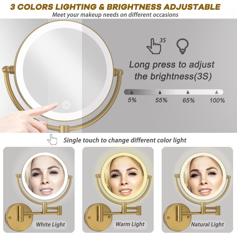 Hardwired Bathroom Makeup Mirror Wall Mount Gold, Double Sided 1/10X