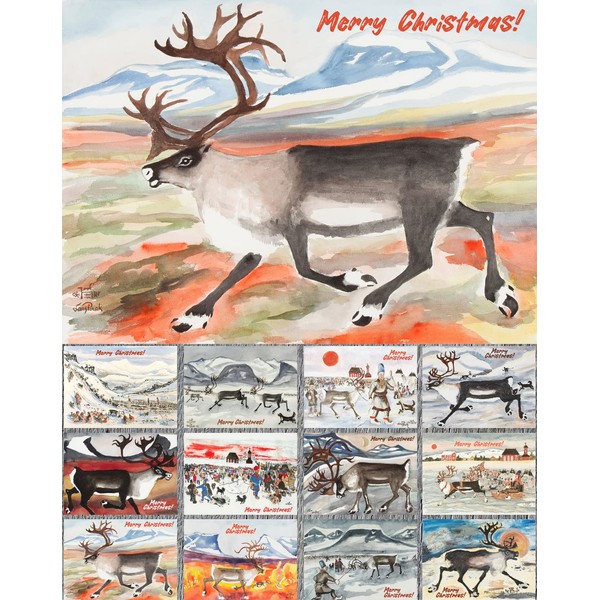 PIXILUV CHRISTMAS Greetings Cards 12 Notecards ~ Reindeer in Winter